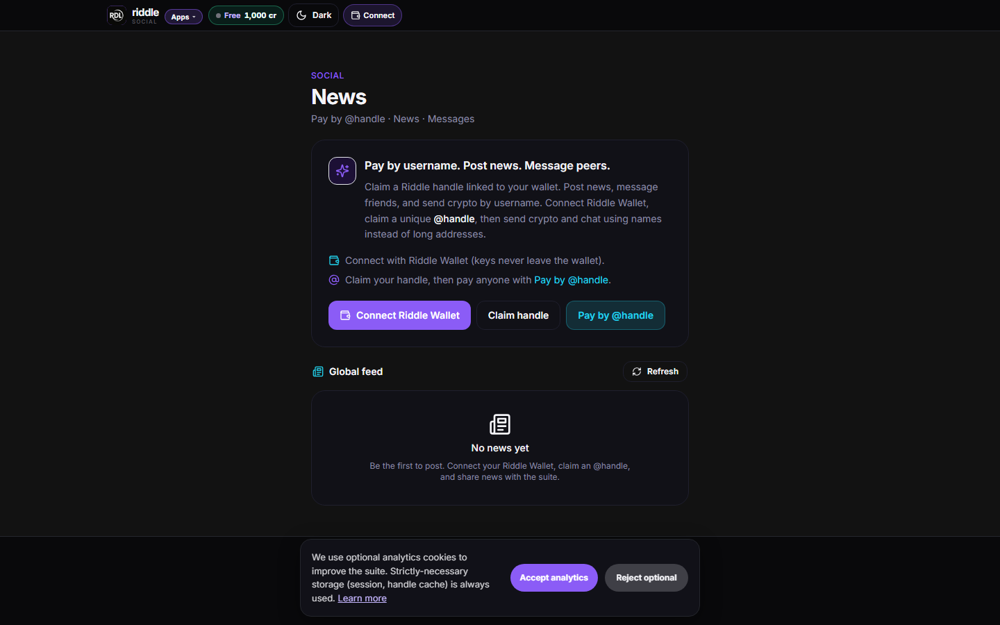 Live production screenshot of Riddle Social