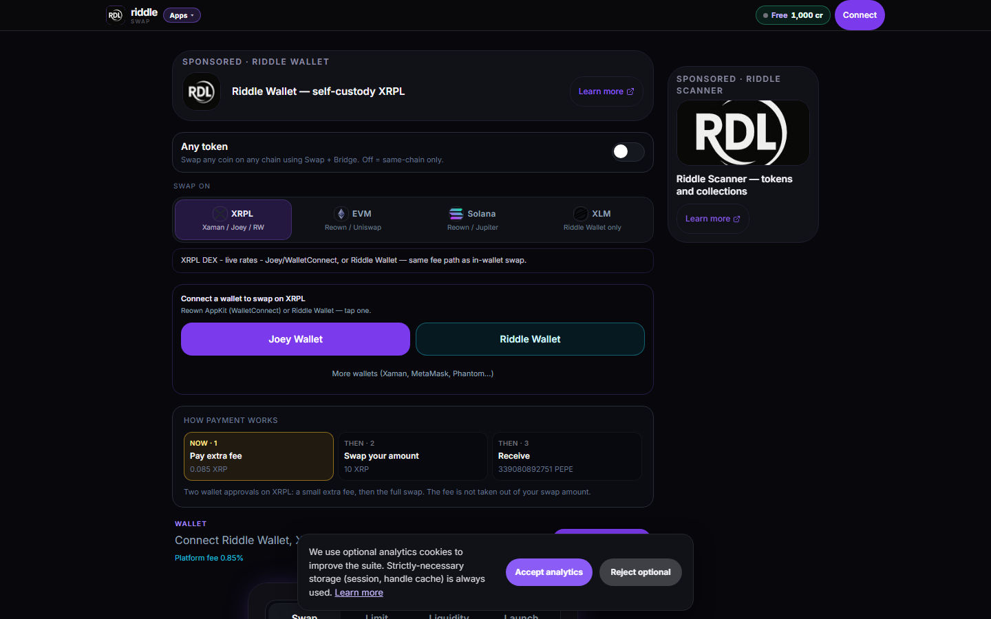 Live production screenshot of Riddle Swap